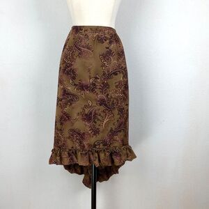 Vintage Fred David Brown Floral Skirt Below Knee Lined High Low Ruffle Boho 16